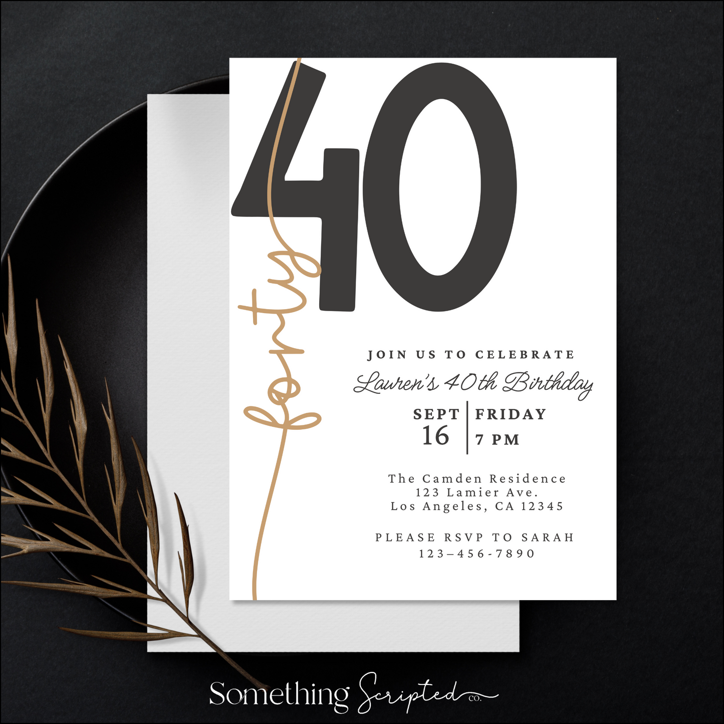 40th Black Gold Birthday Invitation Template