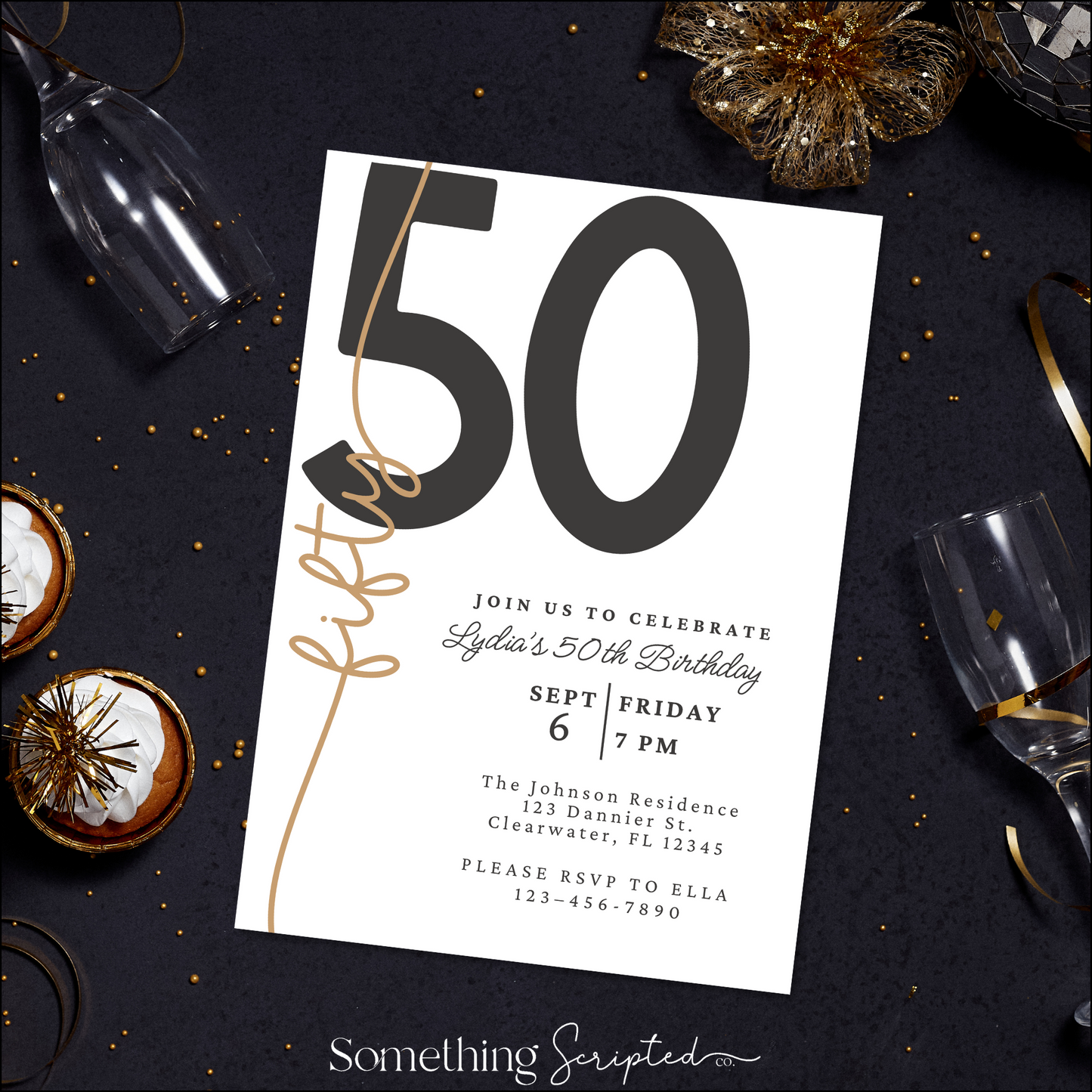 50th Black Gold Birthday Invitation Template