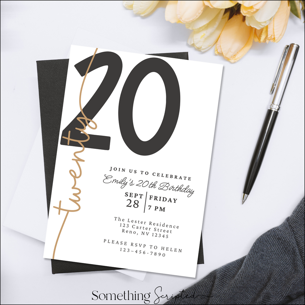 20th Birthday Black Gold Invitation Template