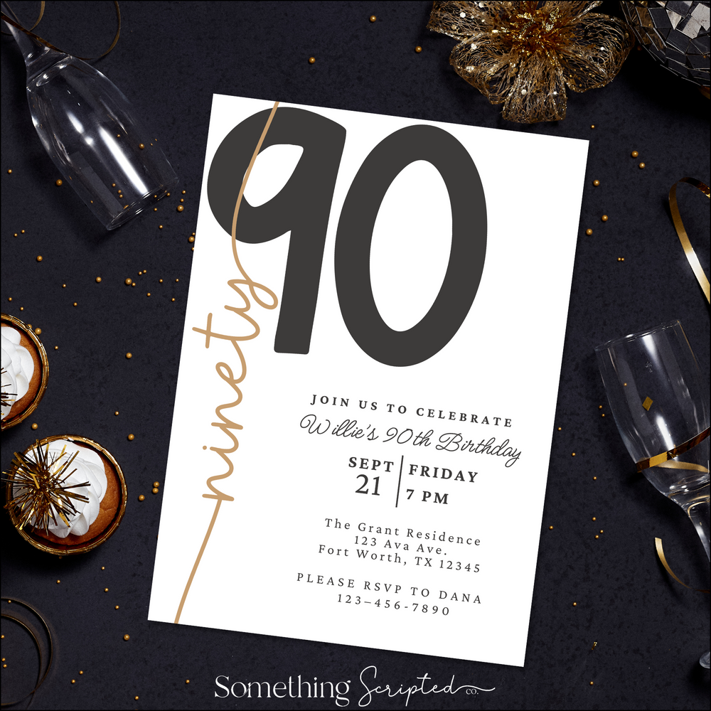 90th Black Gold Birthday Invitation Template