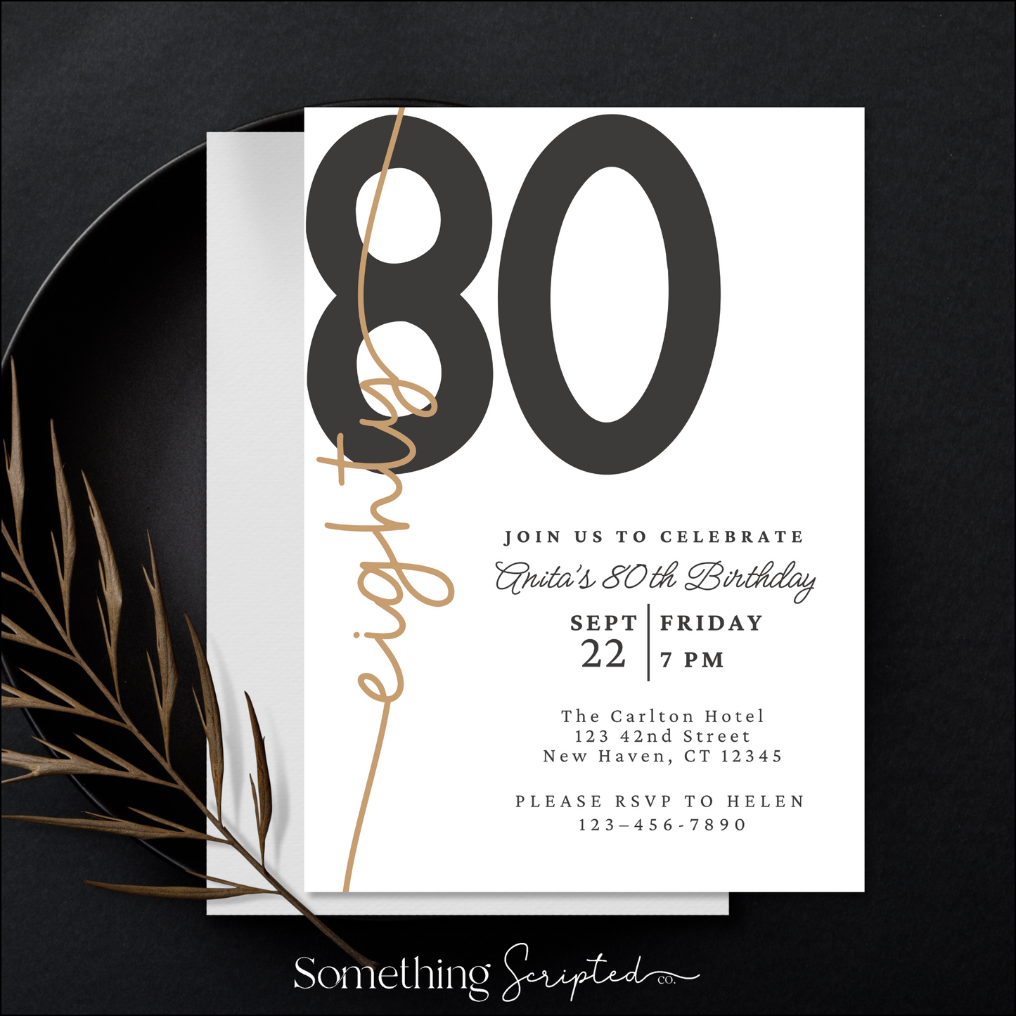 80th Black Gold Birthday Invitation Template