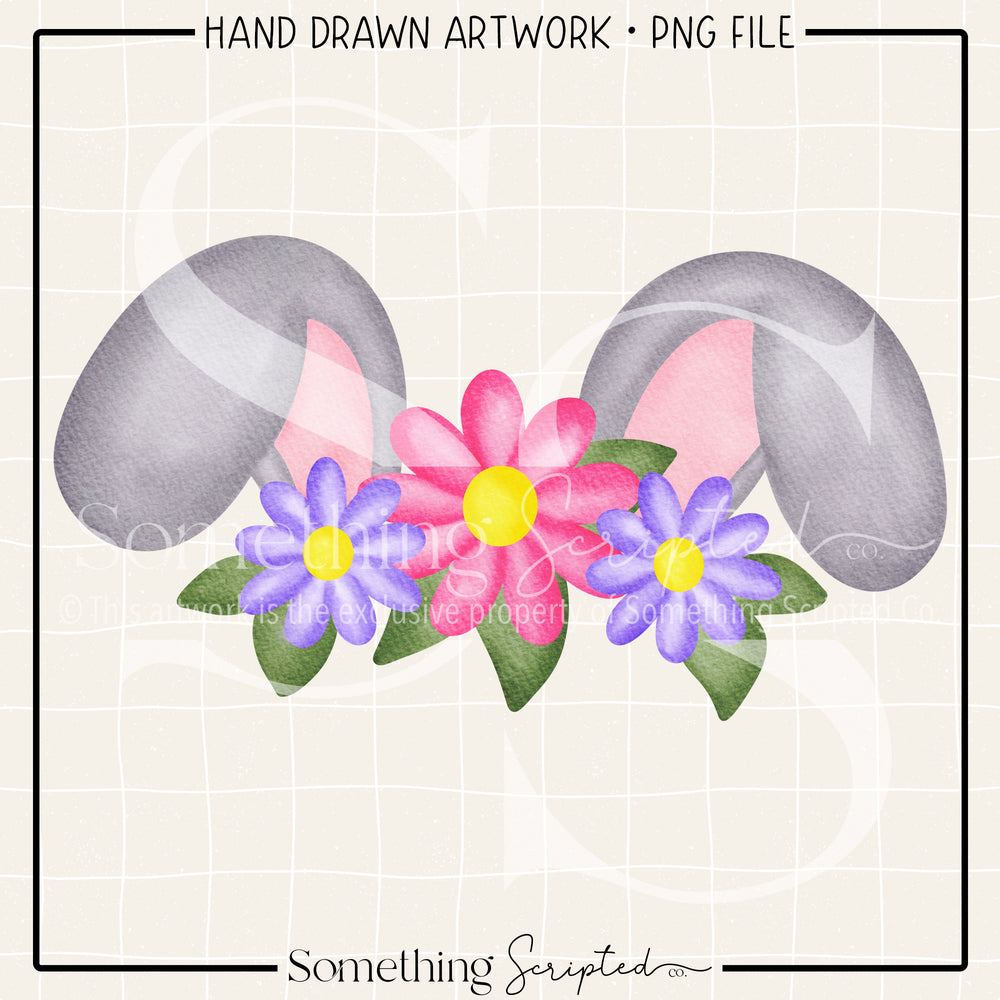 Grey Bunny Ears Flower Crown PNG