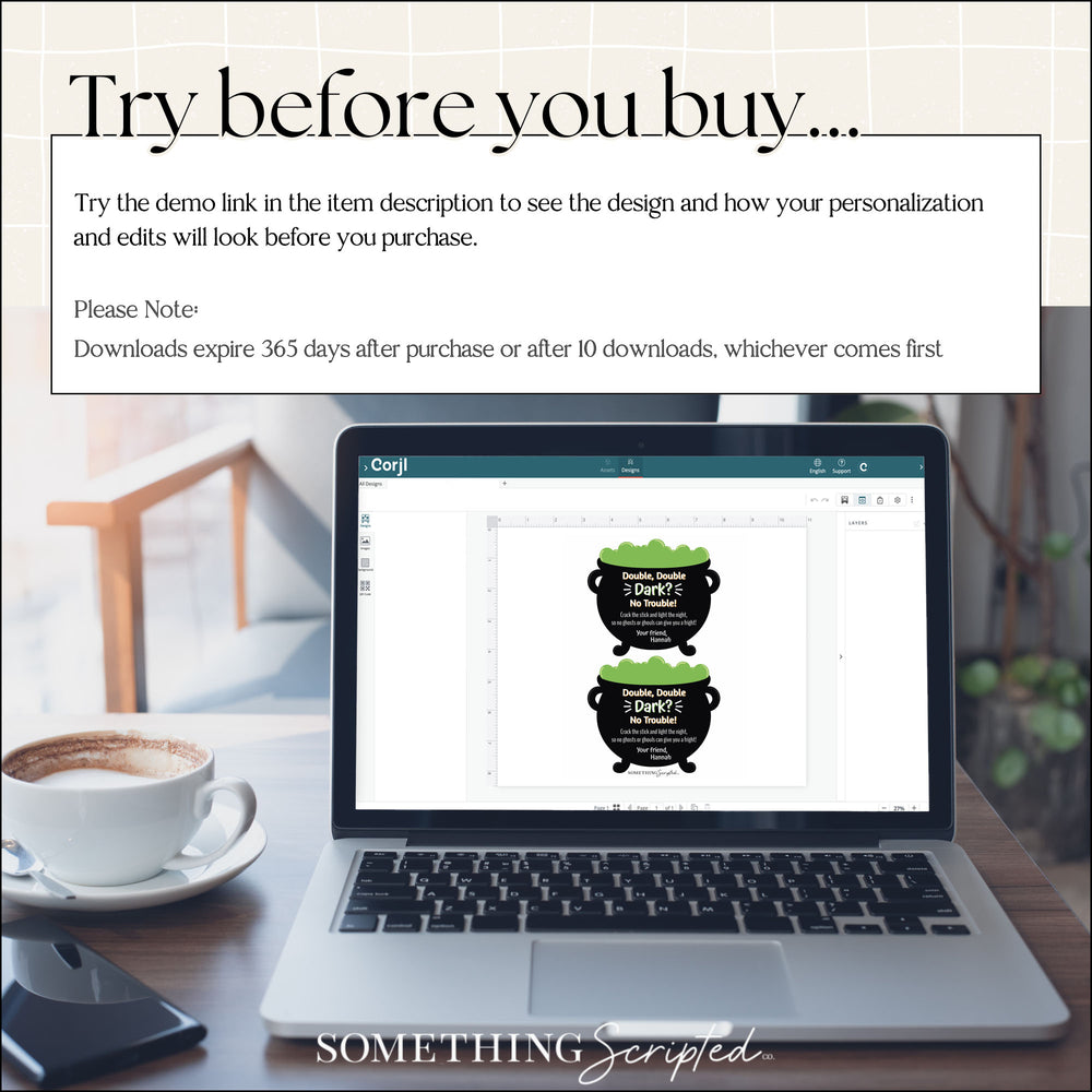 
                  
                    Laptop on a desk with a coffee cup, showing a design software interface, with text overlay about trying before buying.
                  
                