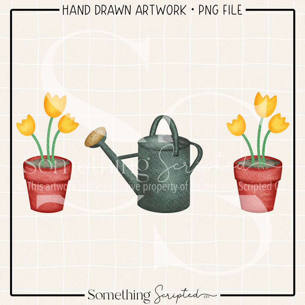 Flower Pots Watering Can Trio PNG