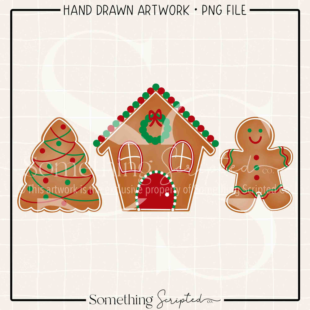 Gingerbread Trio Red Green PNG