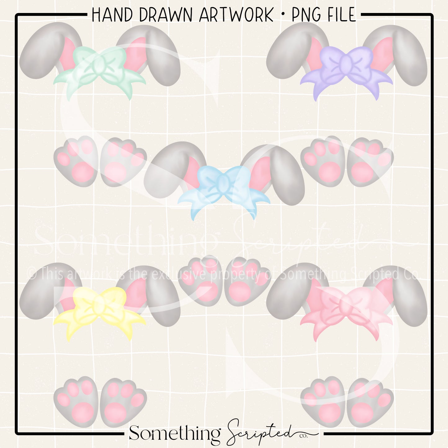 Grey Bunny Bow Ears & Feet PNG