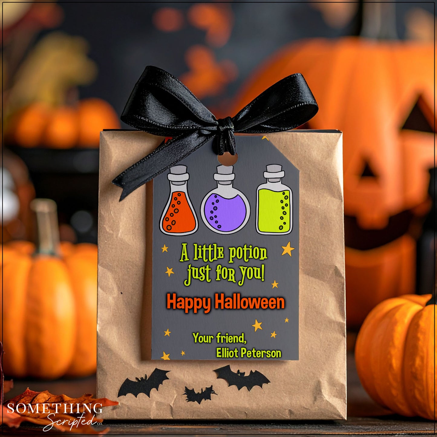 Halloween-themed gift bag with potion labels and pumpkins in the background