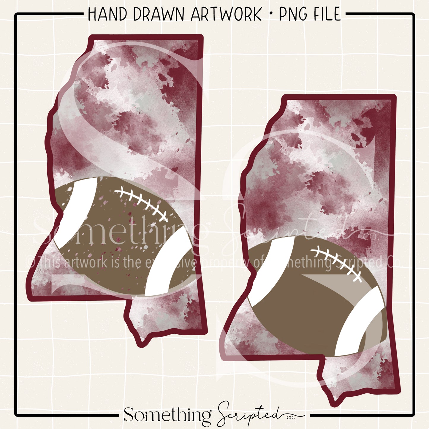 Mississippi Maroon Silver Watercolor Football PNG