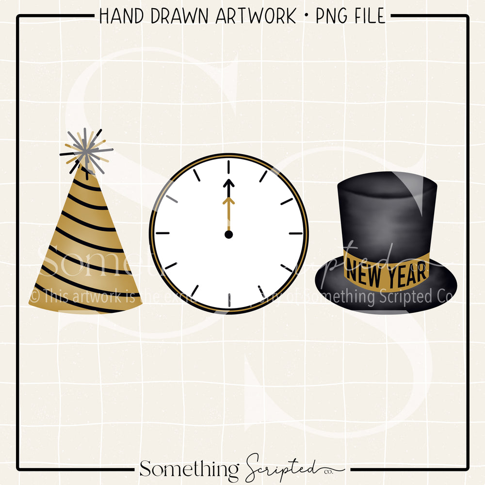 New Year Eve Hat Clock Top Hat Gold PNG