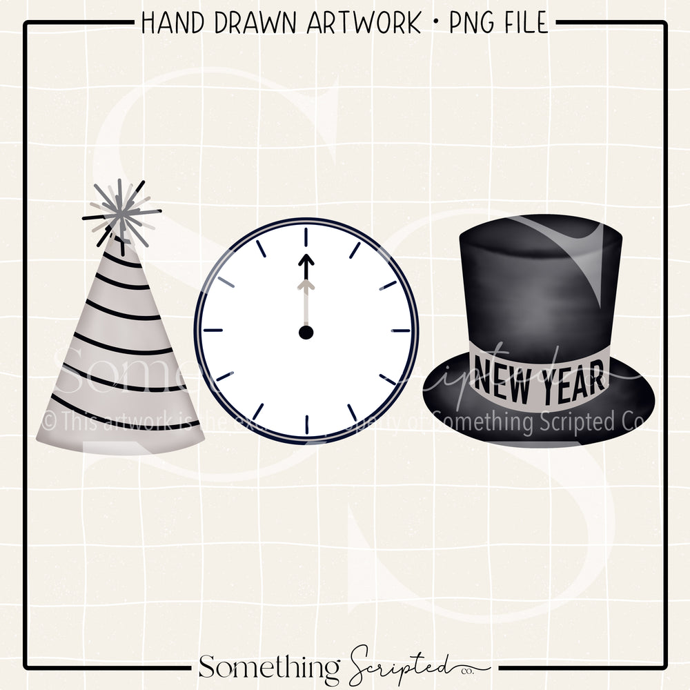 New Year Eve Hat Clock Top Hat Silver PNG