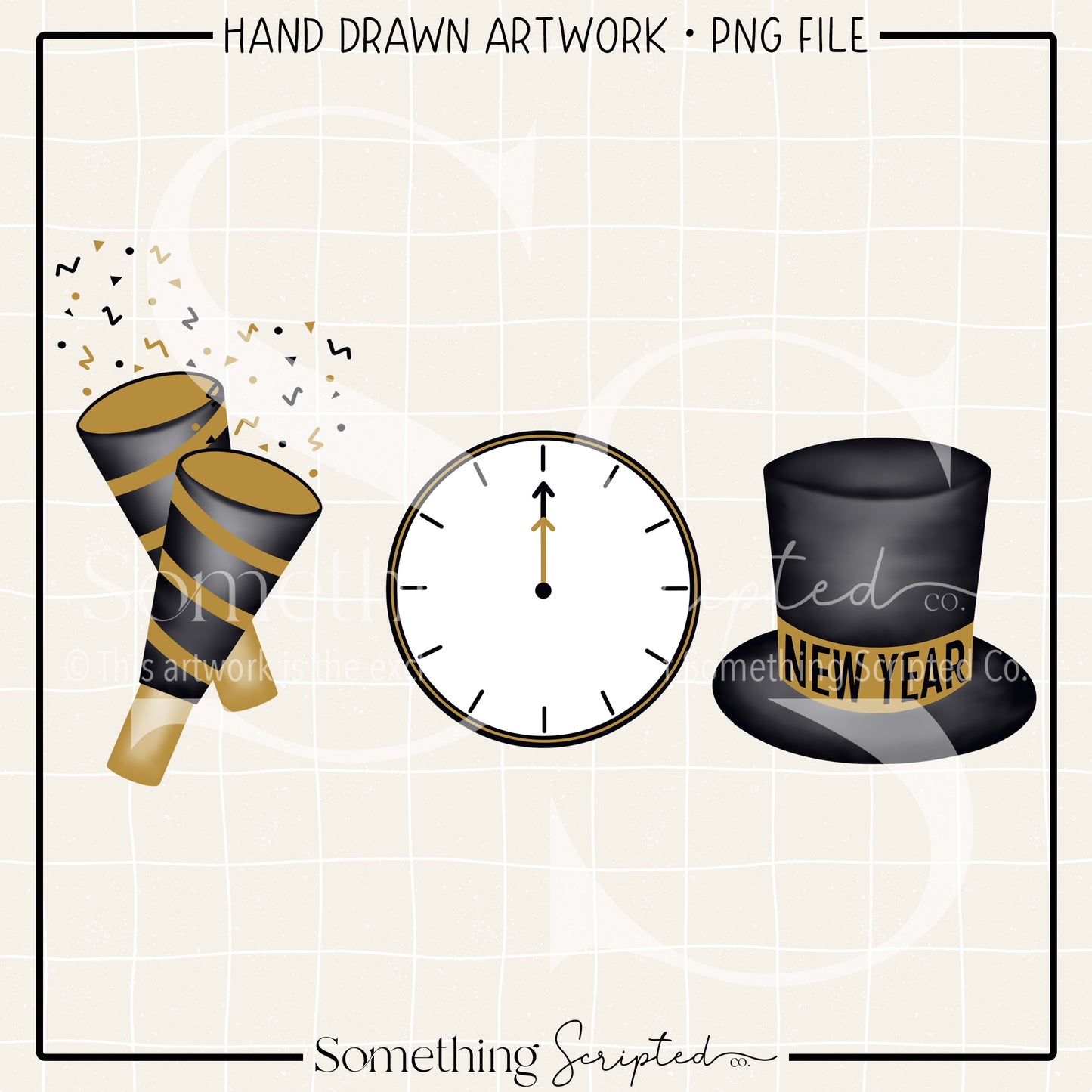 New Year Eve Poppers Clock Top Hat Gold PNG