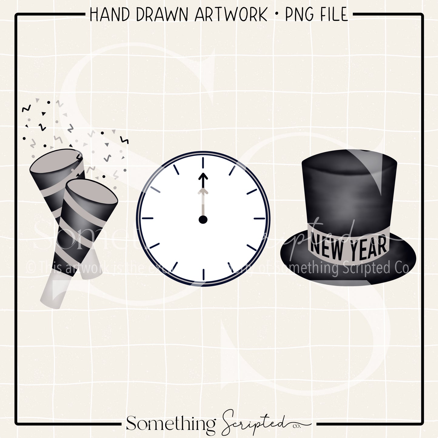 New Year Eve Poppers Clock Top Hat Silver PNG