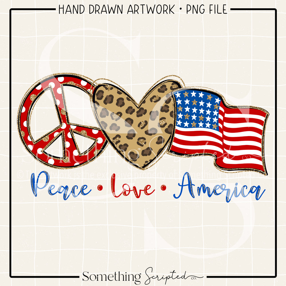 Peace Love America Red Leopard Gold PNG