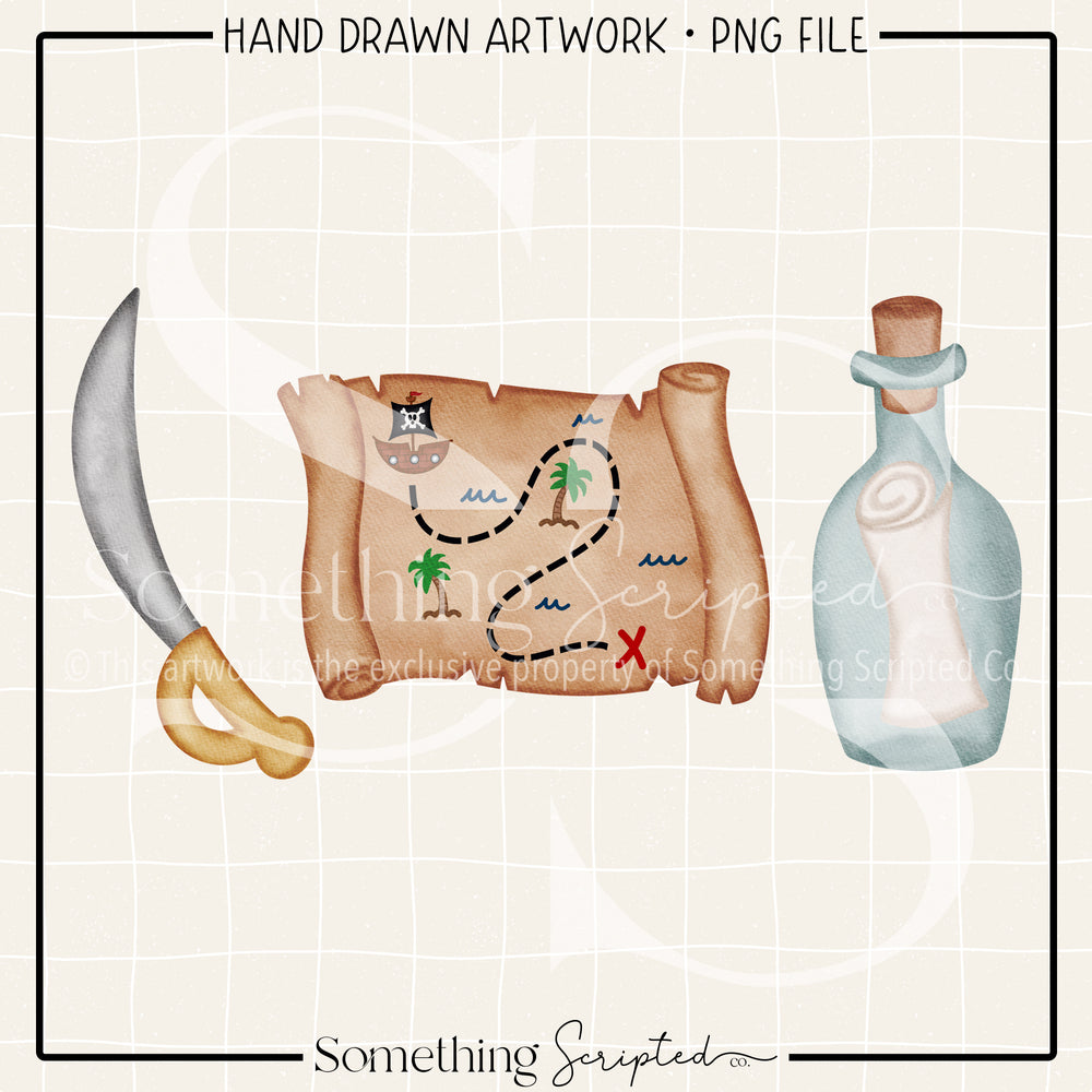 Pirate Sword Map Bottle PNG