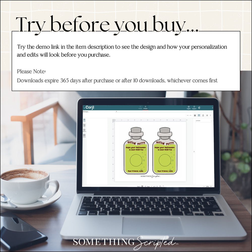 
                  
                    Laptop on a desk with a design software open, displaying two green bottles. A cup of coffee is visible on the desk.
                  
                