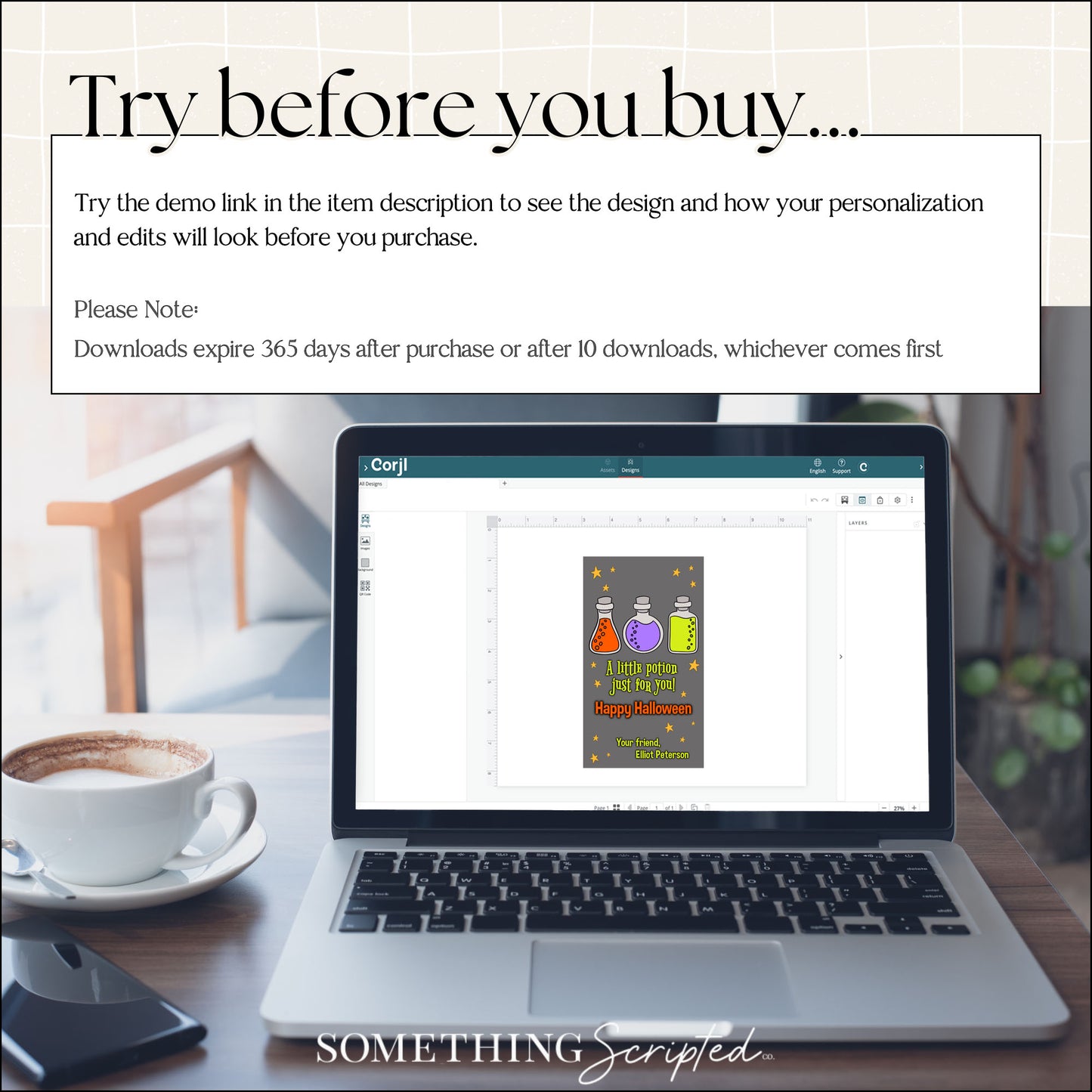 Laptop on a desk with a coffee cup, phone, and plant in the background with promotional text overlay.