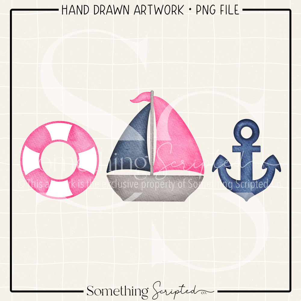 Preserver Sailboat Anchor Pink Navy PNG