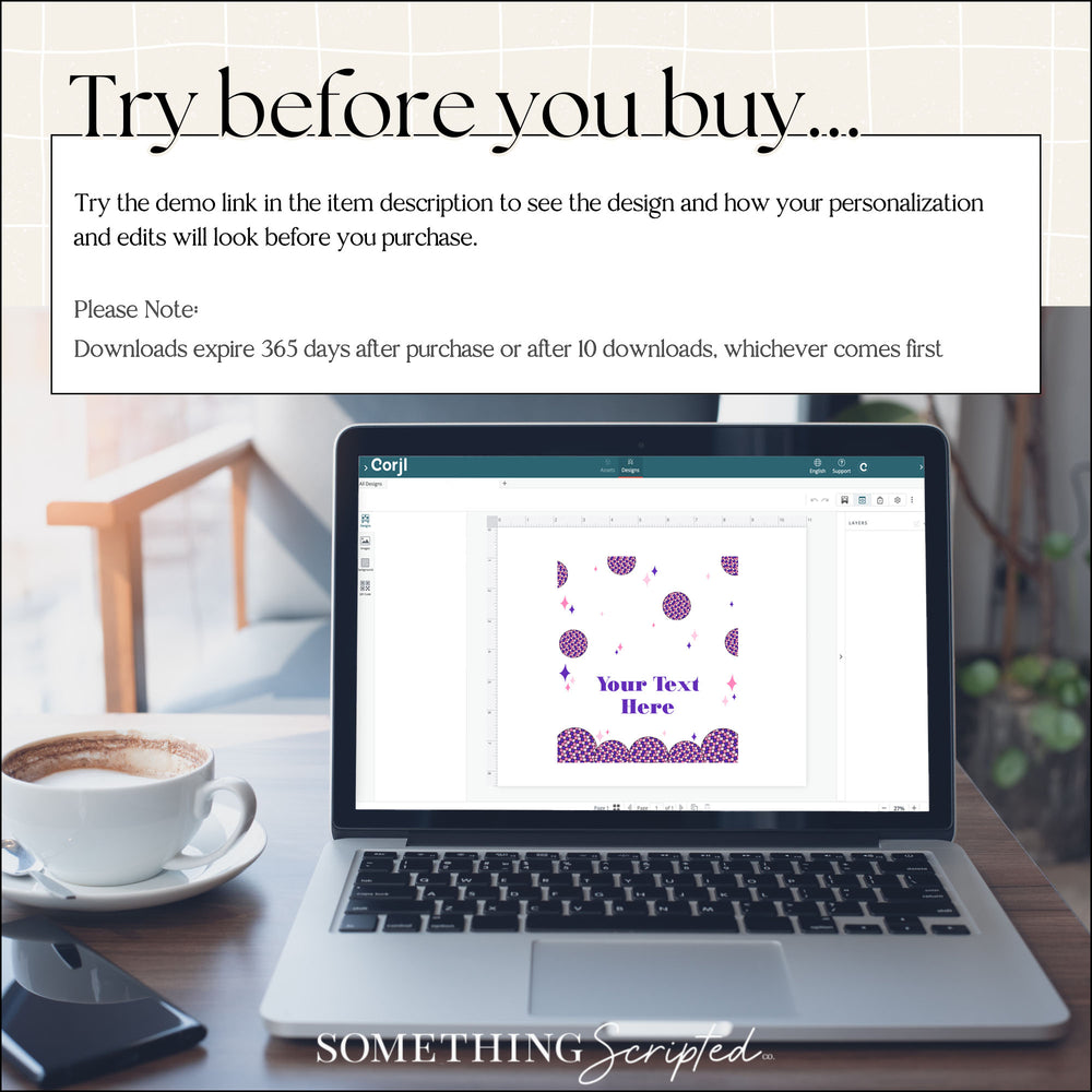 
                  
                    Laptop on a desk with a design software open, displaying text and patterns, with a cup of coffee and a plant in the background.
                  
                