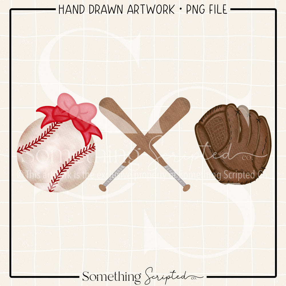 Red Bow Baseball Bats Glove PNG