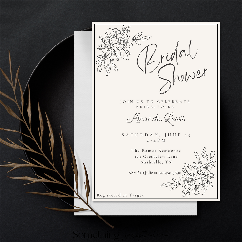 Black Floral Outline Bridal Shower Invitation Template