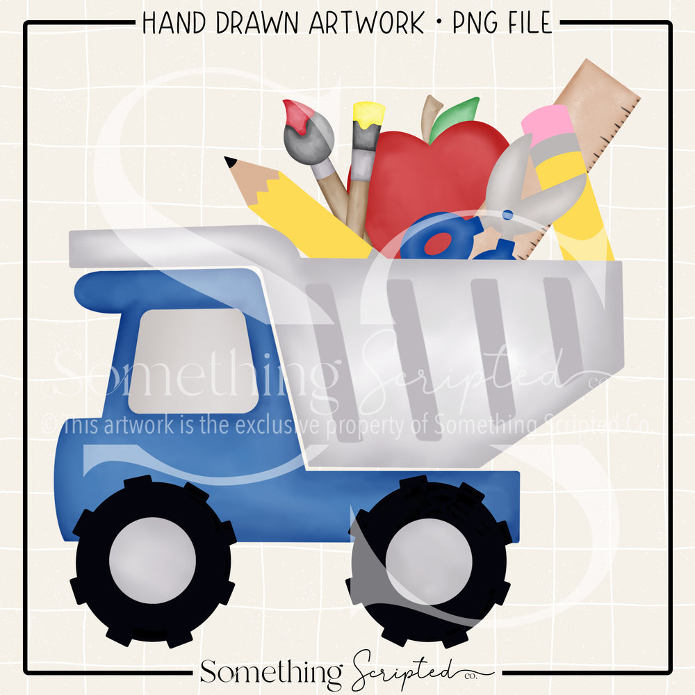 School Supplies Dump Truck Blue PNG