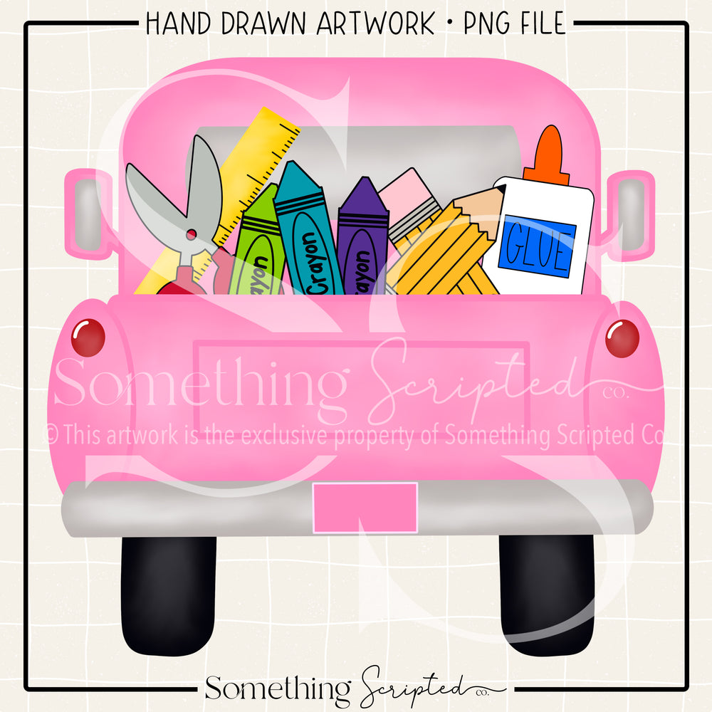 School Supplies Pickup Truck Pink PNG