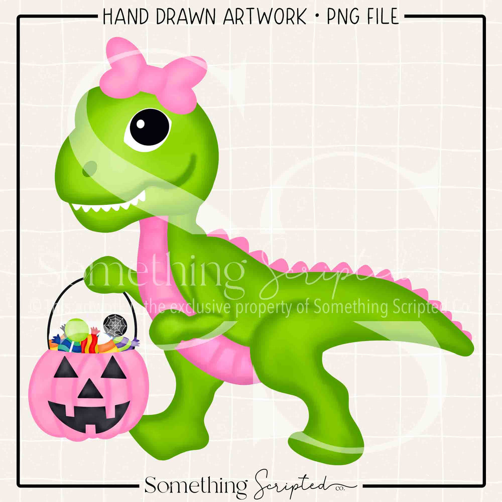 Trick or Treat Dinosaur Girl PNG